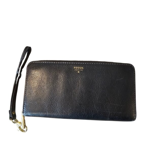 Fossil Zip Around Clutch Black Leather Wallet Wristlet Clutch Classic 8x4" - Picture 1 of 12